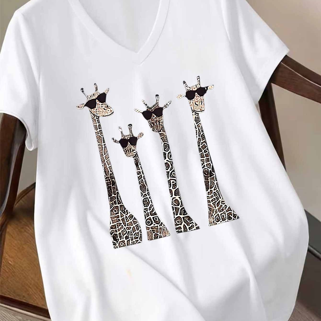 TEMU Plus Size - Plus Size - Plus Size Women's Fashion European And Cute Giraffe Wearing Glasses Print V-neck Short-sleeved T-shirt, Loose And Style,
