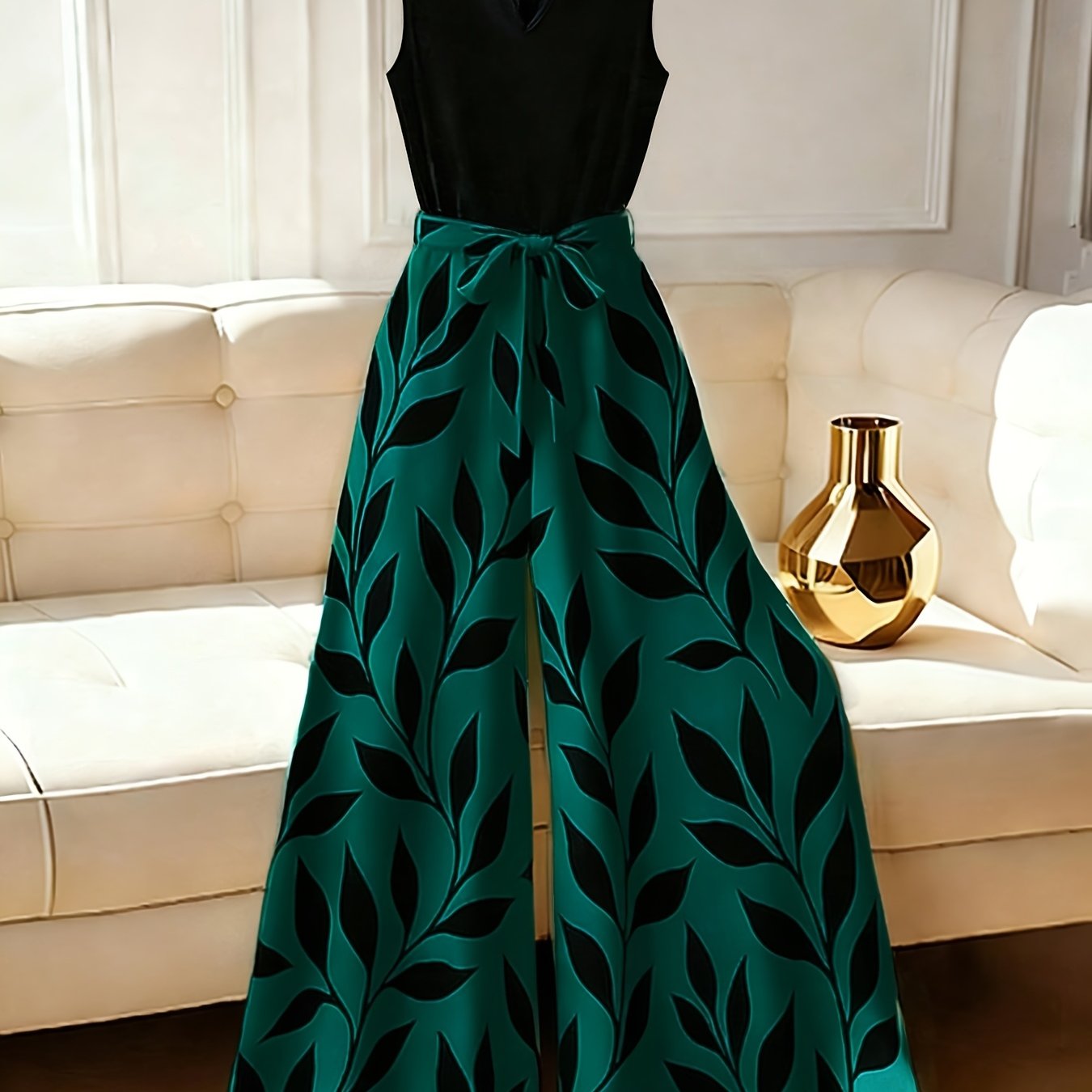TEMU Women's Summer Clothing, Solid Color Vest Top And Printed Straight-leg Long Pants Jumpsuit With Belt, Invisible Back Zipper, Elegant Party Wear