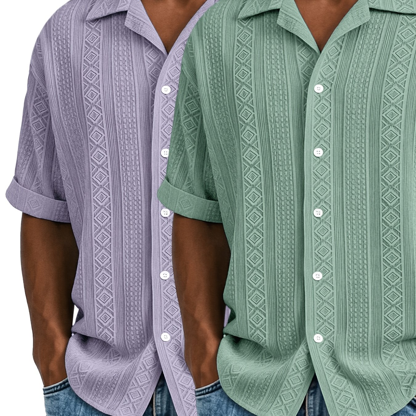 Image of 2pcs Set 2026 's Jacquard Short-sleeve Shirts, Full-open Lapel Button-up Cardigan - Casual, Relaxed-fit, Notched-collar Shirts For Summer Beach Vacations, Solid Colors, Versatile For , Commuting, And
