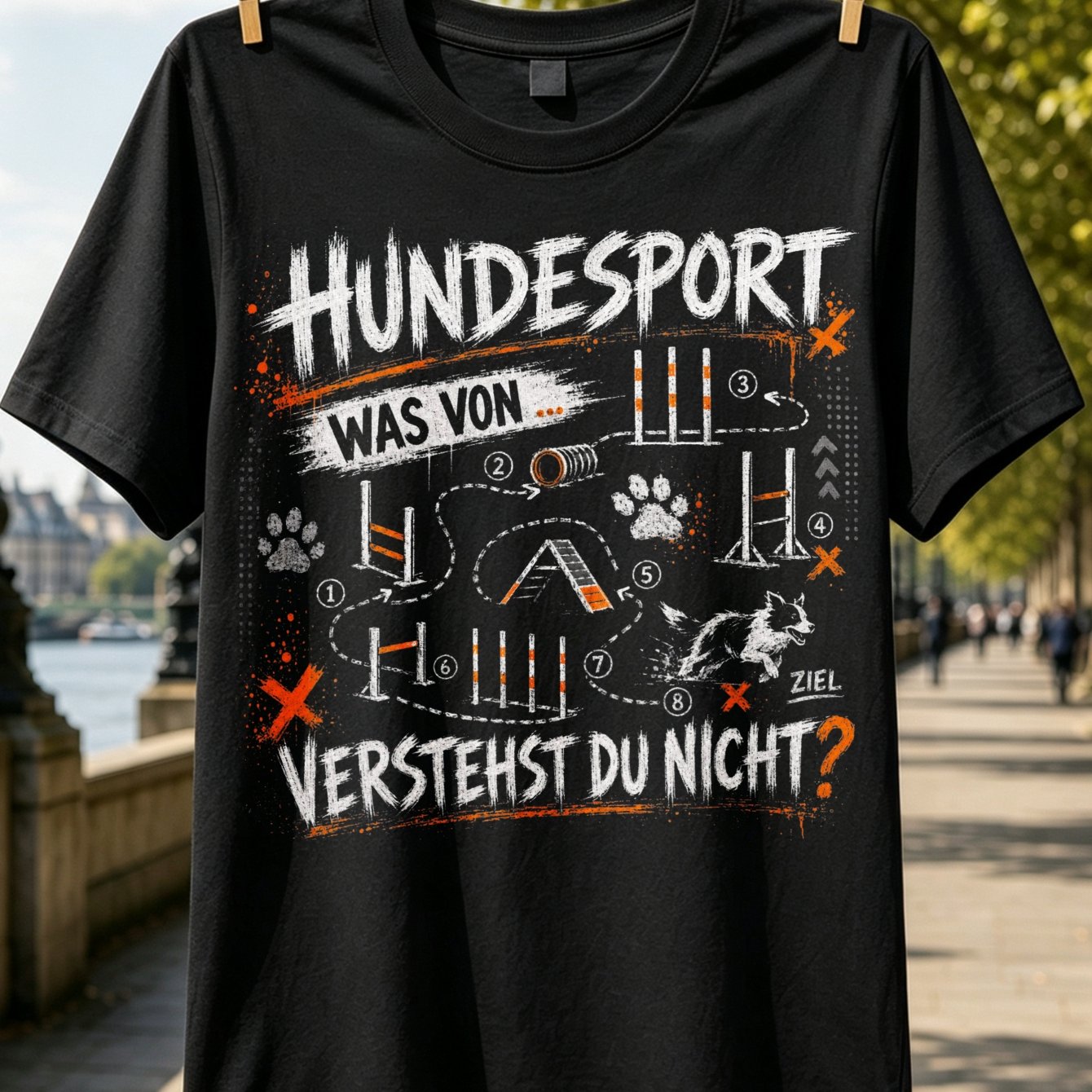 Image of Chalkboard Orange T-shirt With Dog Agility Course Diagram And Hurdles Print And Agility Humor Theme Unisex T-shirt