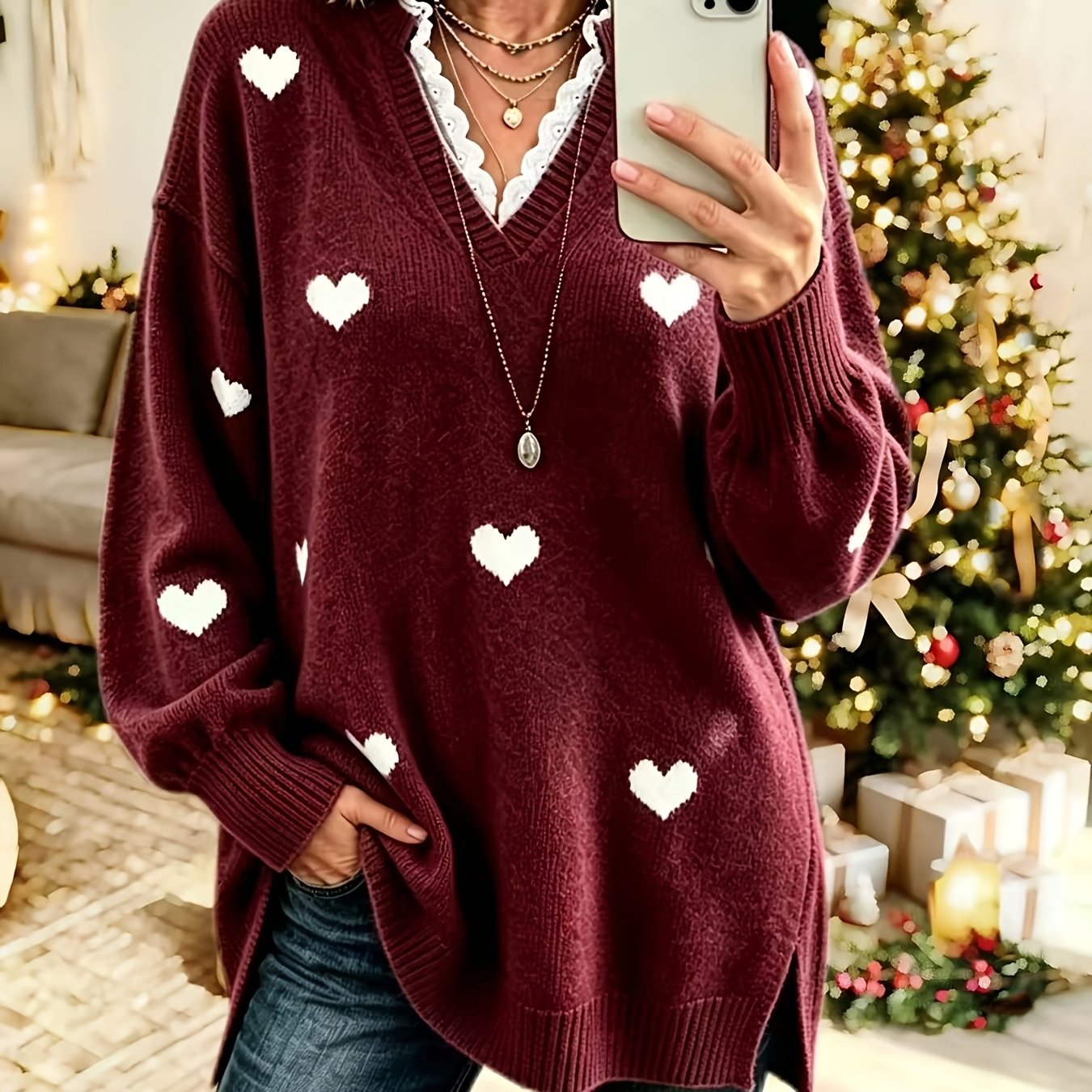 TEMU Plus Size - Eleganter Damen-Sweater mit Spitzen-Patchwork, süßer Damen-Sweater mit Herzstickerei, passend für Herbst und Winter, lockerer langer
