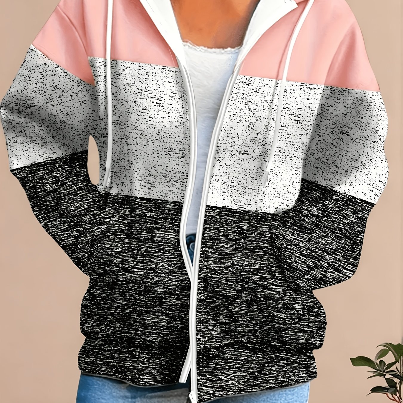 TEMU [printed Design - Not Textured] Women's Zippered Hoodie - Autumn Casual Drawstring Sweatshirt, Fashionable Versatile Top, Machine Washable