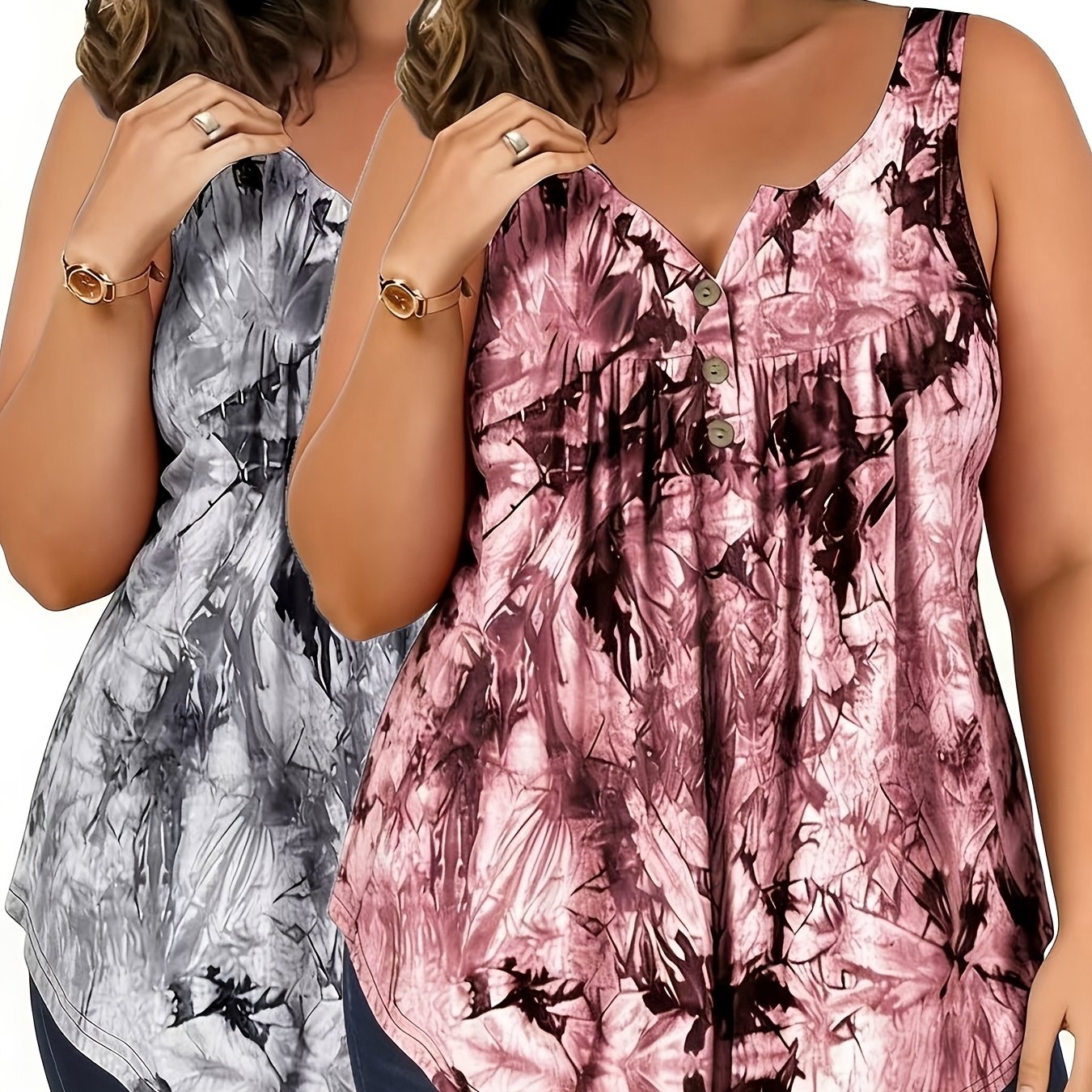TEMU Plus Size, 2pcs Plus Size V-neck Sleeveless Pleated Fashionable Breathable Camisole For Women Casual Summer