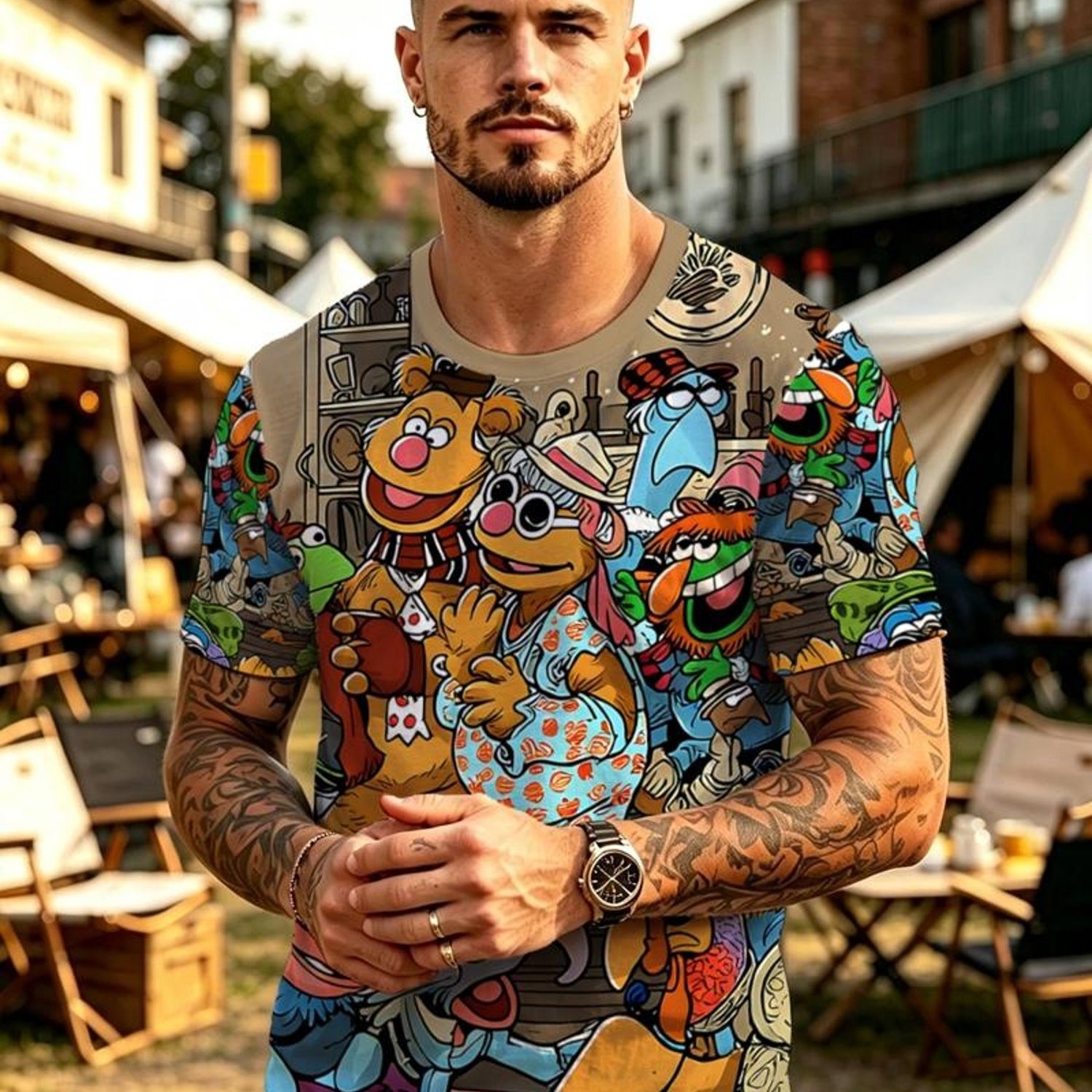 TEMU Men's Muppet Printed Sports T-shirt, Made Of Polyester, Multiple Sizes & Mixed Colors , Suitable For Camping, Hiking, Fishing, Casual Sports