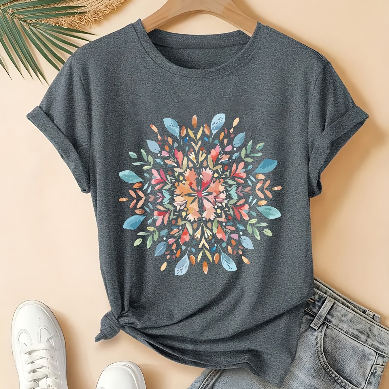 TEMU Women's Plus Size Vintage Mandala Flower T-shirt - Short Sleeve Round Neck Blouse, Spring Summer Fall Casual Top With Mandala Print, Loose Fit