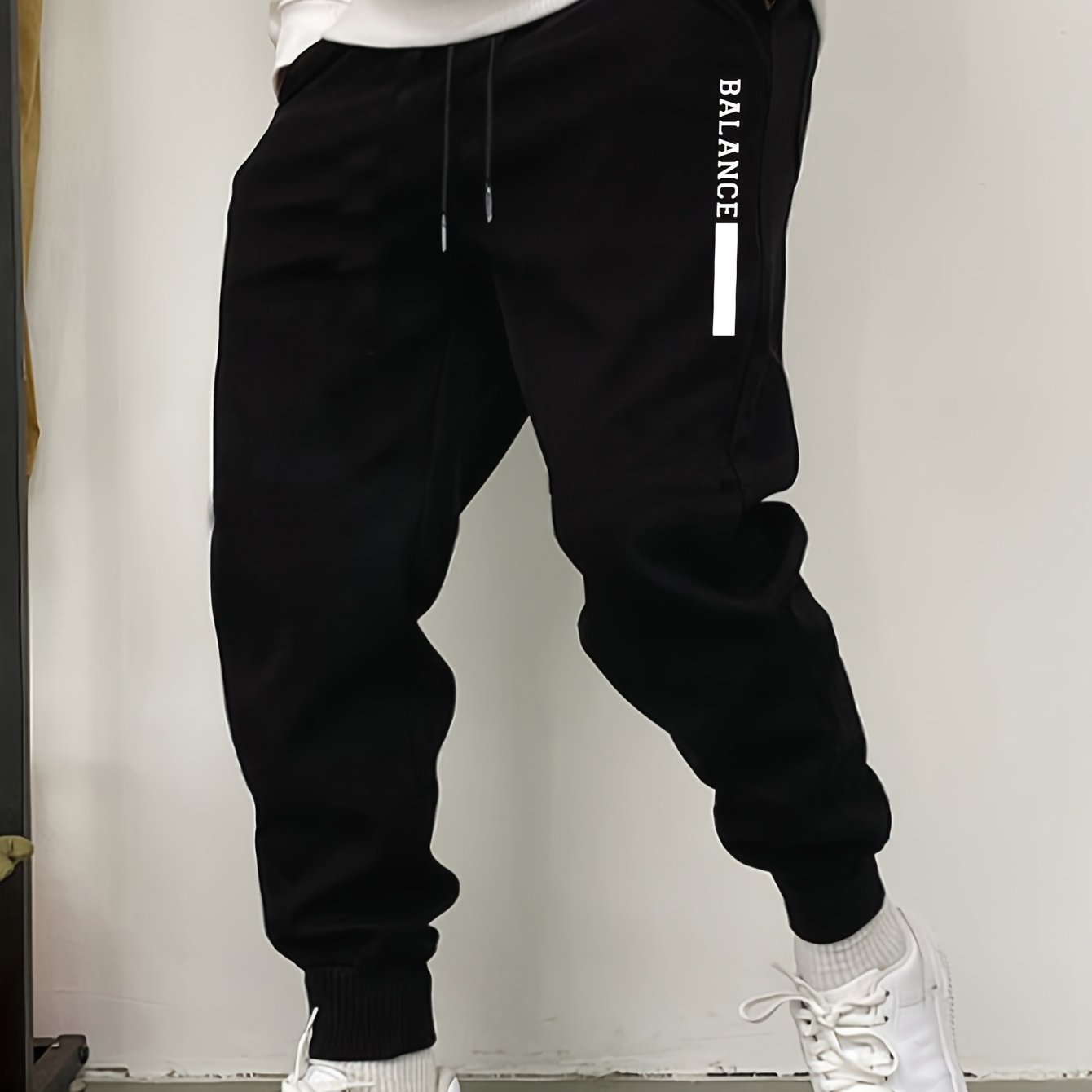 TEMU Men's Casual Joggers - Comfortable Polyester Sweatpants With Drawstring, Geometric Pattern | Machine Washable, Autumn Winter, Outdoor