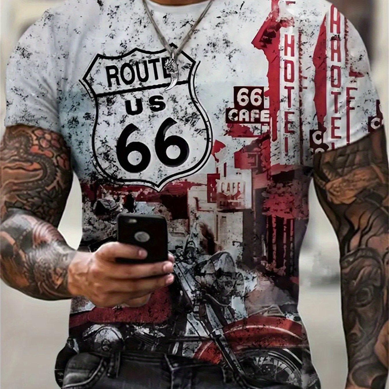 Men's Fashion Us Route 63 3d Printed Motorcycle Graphic T-shirt, Casual Spring/summer Short Sleeve Tee