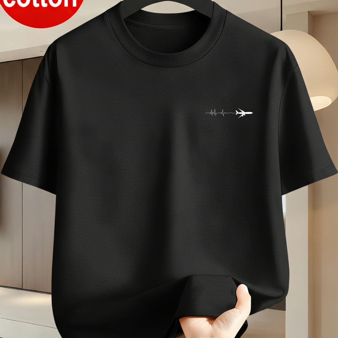 Image of Men Minimalist Airplane Graphic Tee | White Cotton Short Sleeve Shirt With Aviation Daily Wear Streetwear Top