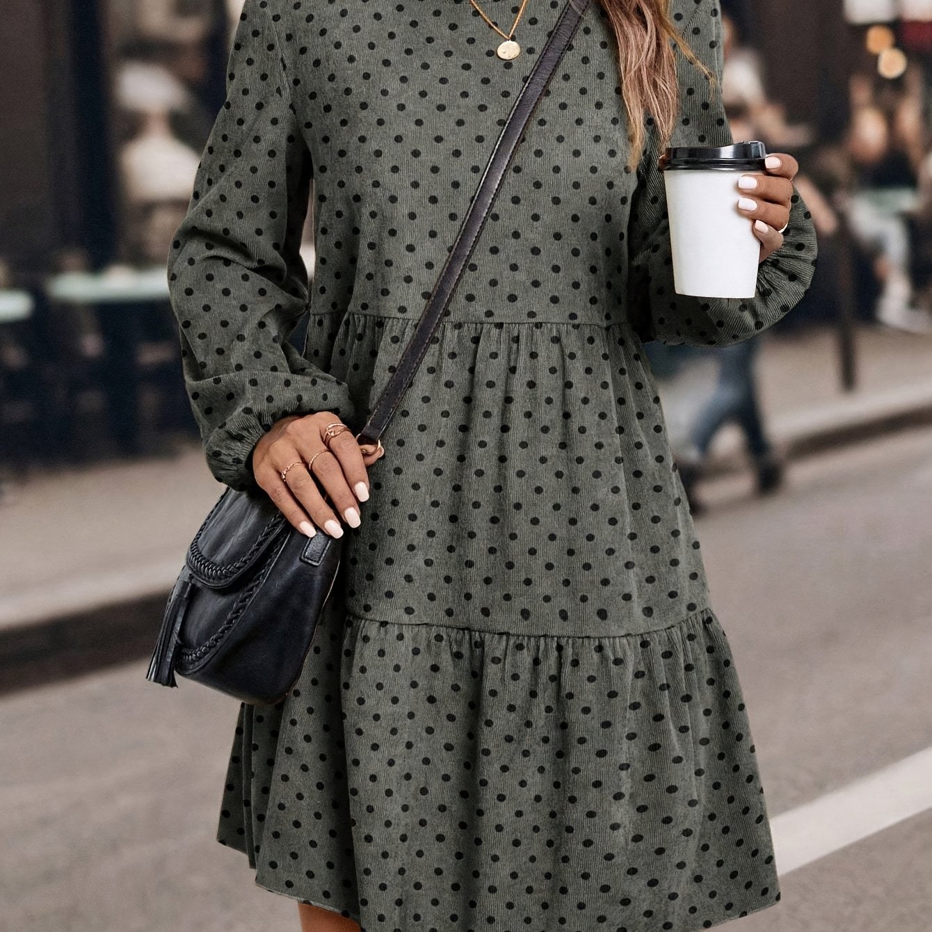 Image of Women's Spring Autumn Casual Daily Babydoll Dress Polka Dot Corduroy Long Sleeve Dress
