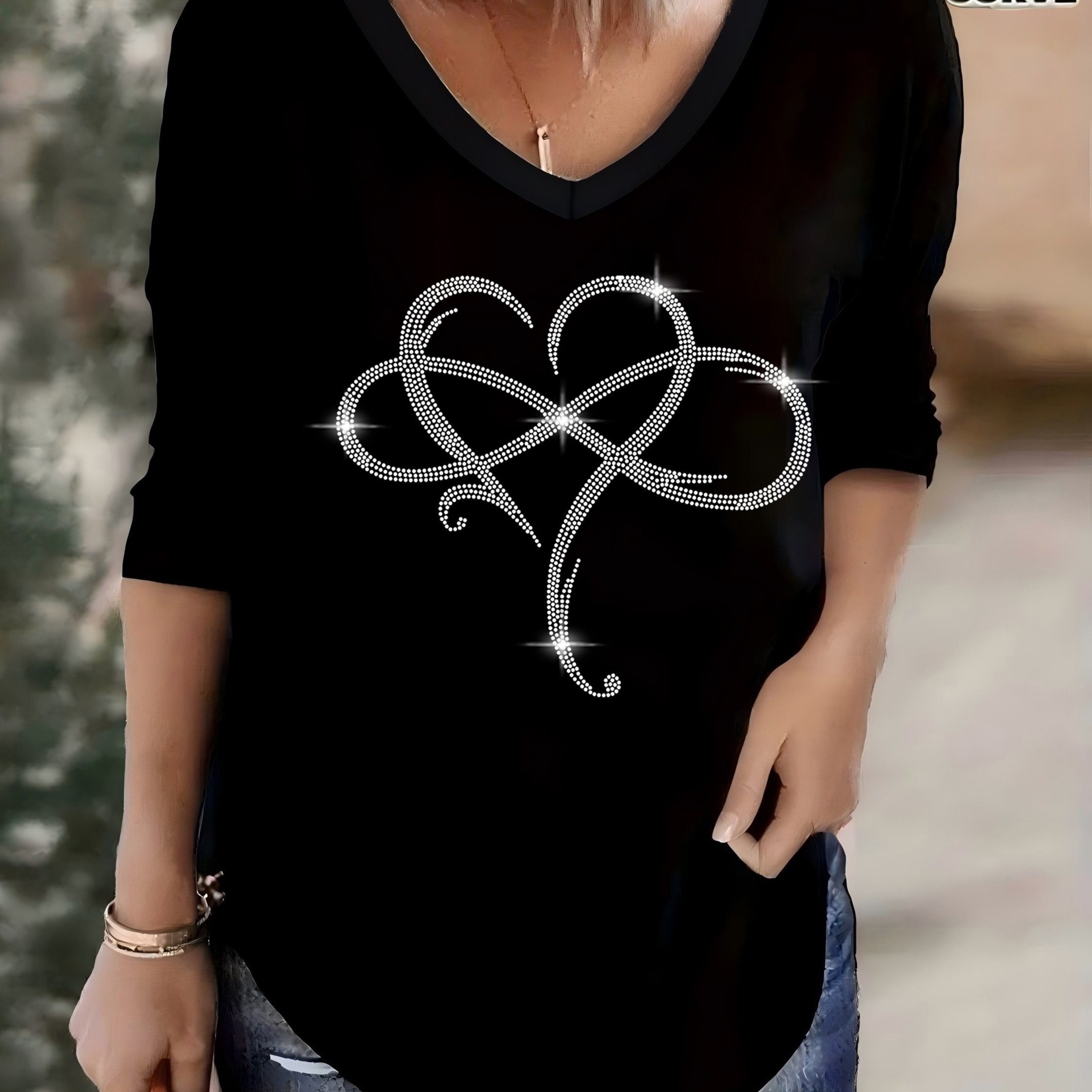 Plus Size - Plus Size - Women's Plus Size Heart Rhinestone T-shirt - Holiday 3/4 Sleeve V-neck Top