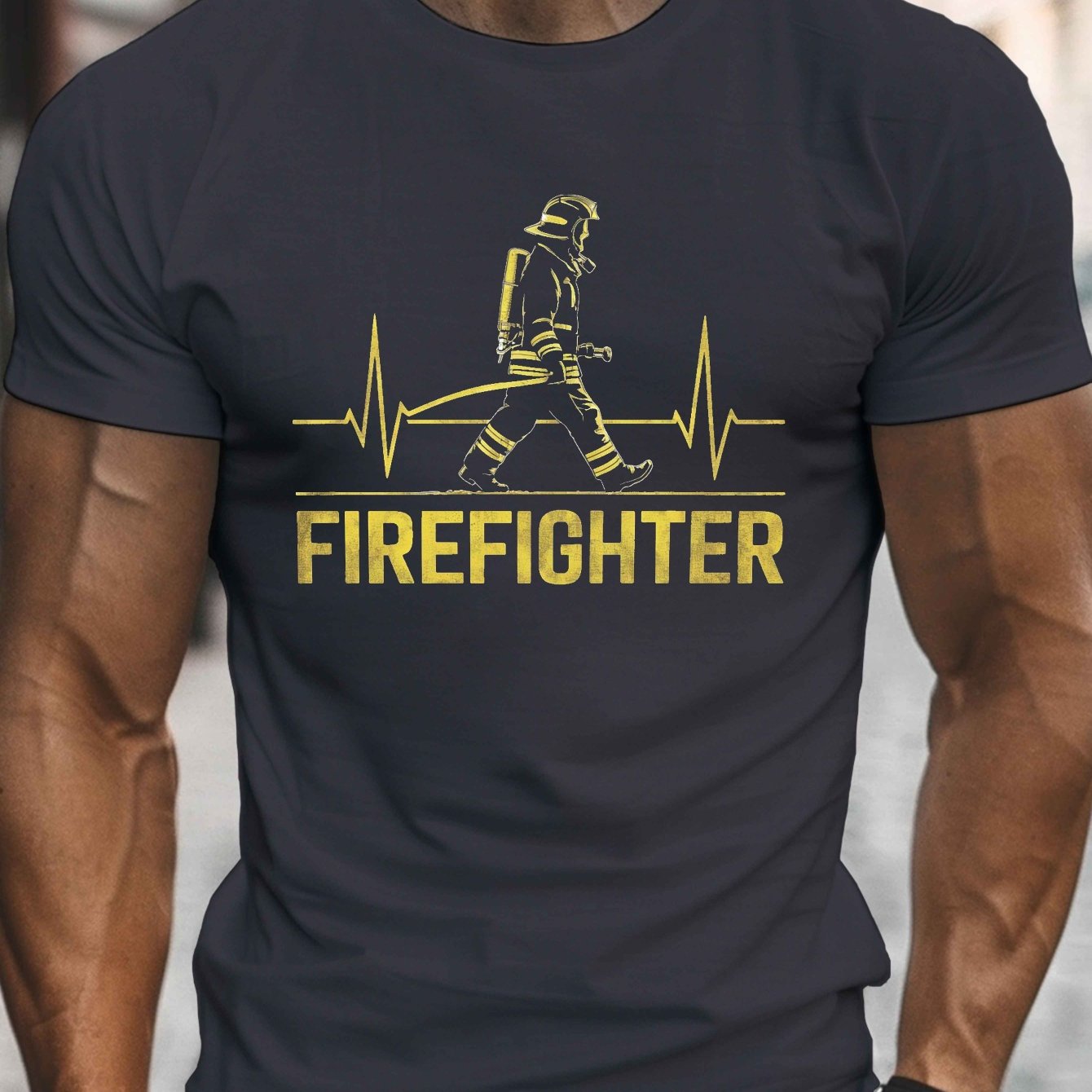 TEMU Men's Round Neck Short Sleeve Tee Featuring A Heartbeat Firefighter Print, A Comfortable And Lightweight Casual For Summer.