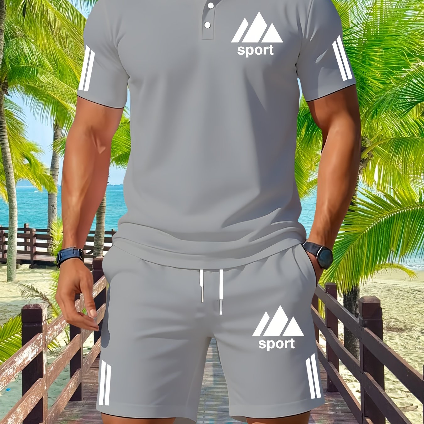 E-shop Herren Freizeit-Set aus kurzärmeligem Hemd Shorts, neues kurzärmeliges Hemd mit Kragen Knopfdetails, reguläre Passform, atmungsaktives Oberteil