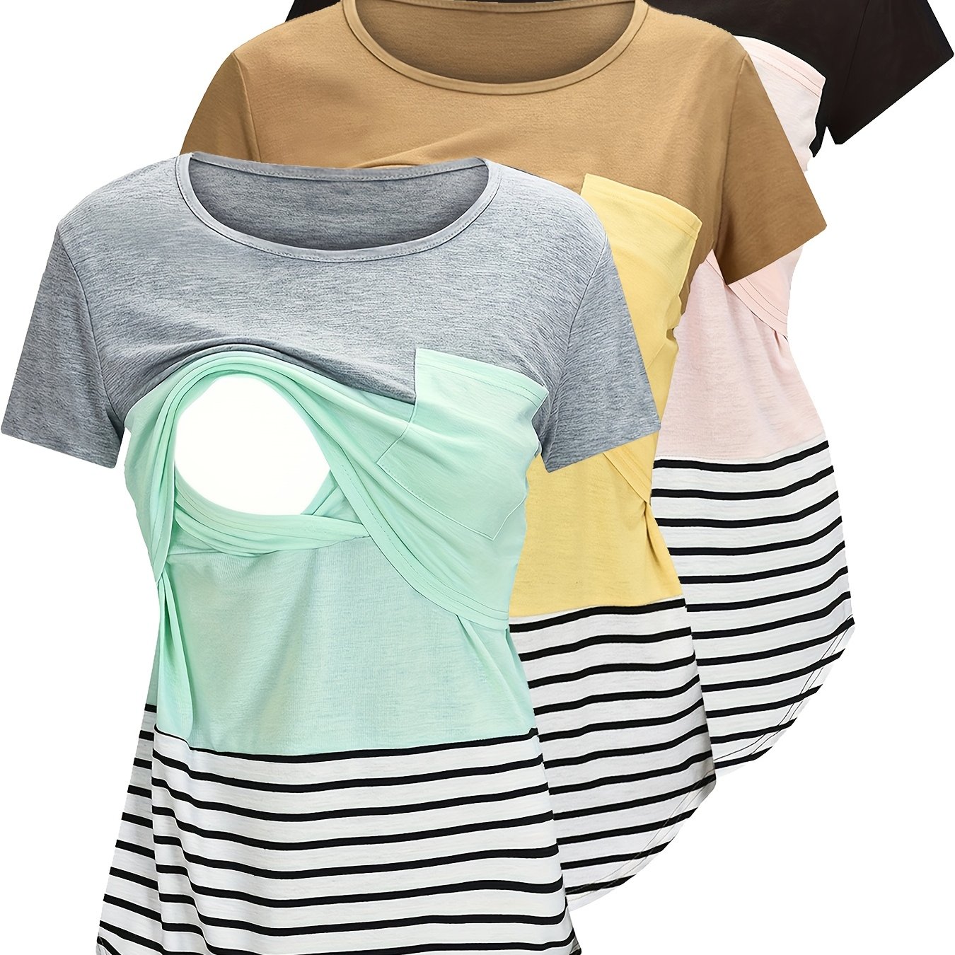 3pcs Set Colorblock Pocket Crew Neck Nursing Short Sleeve T-shirt