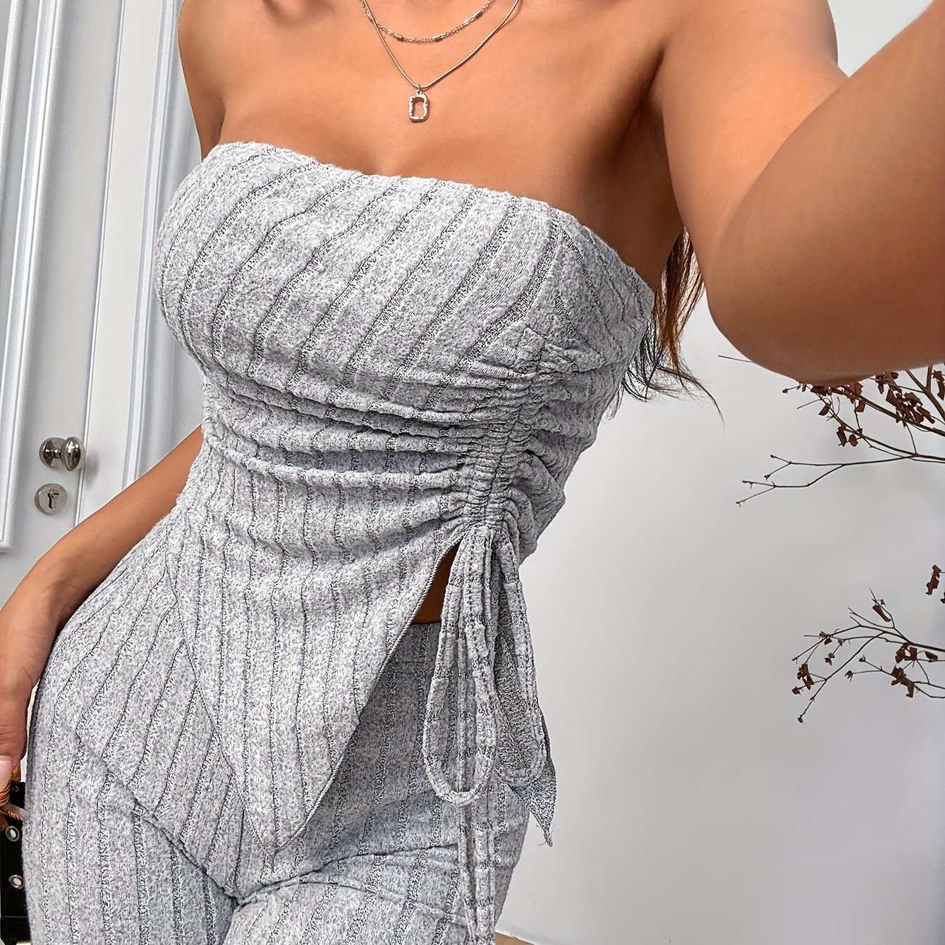 TEMU Fashionable Elegant Women' Ribbed Asymmetrical Cami Top And Pants 2pcs Set