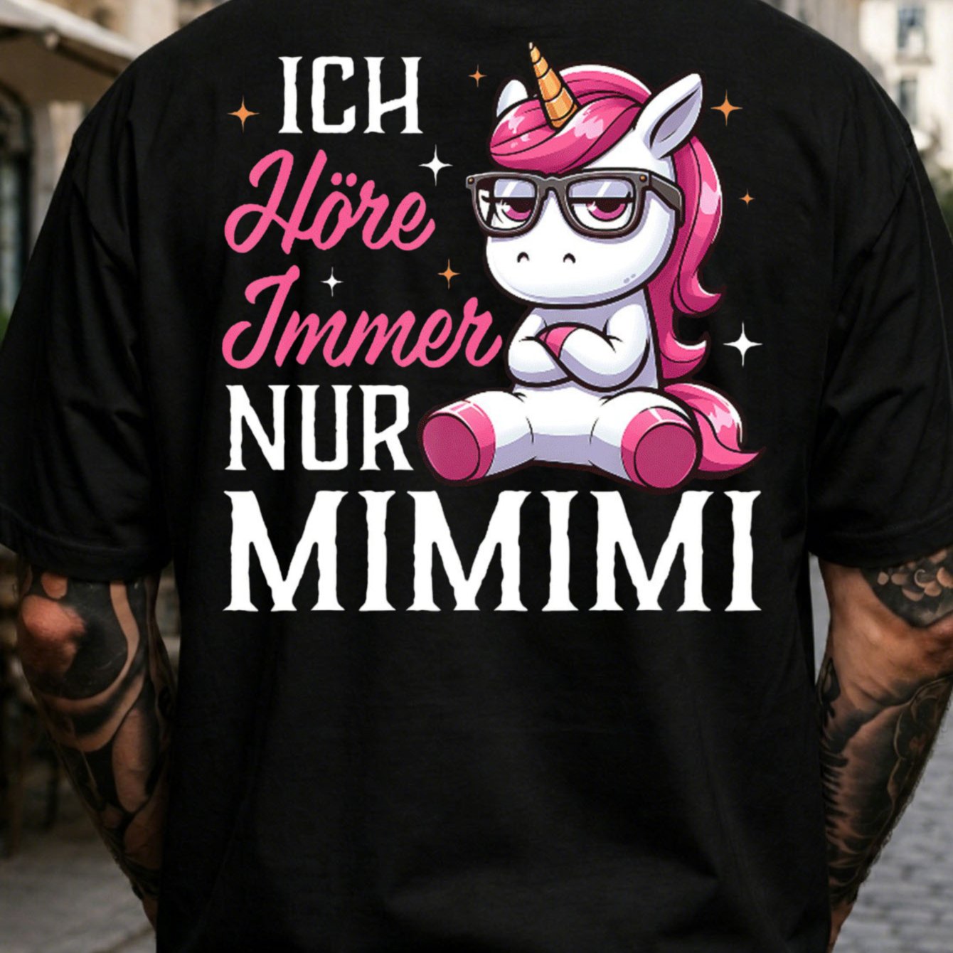 Image of Men's For German Sarcastic Quote T-shirt - "i " Back Print With Pink Unicorn, Humorous For German Tee, Casual Round Neck Shirt Suitable For Wear & Everyday Humor Gift For German Speakers