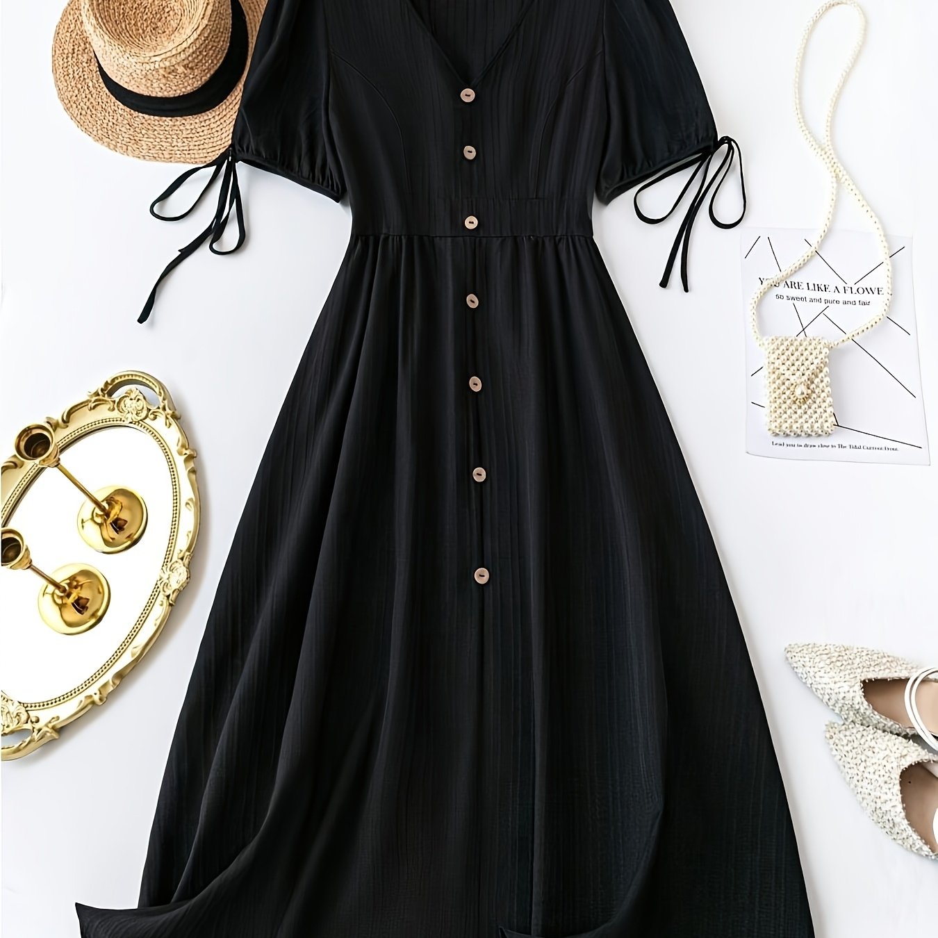 Image of Women's Fashion Puff Sleeve Short Sleeve V-neck Solid Color Single Breasted Dress
