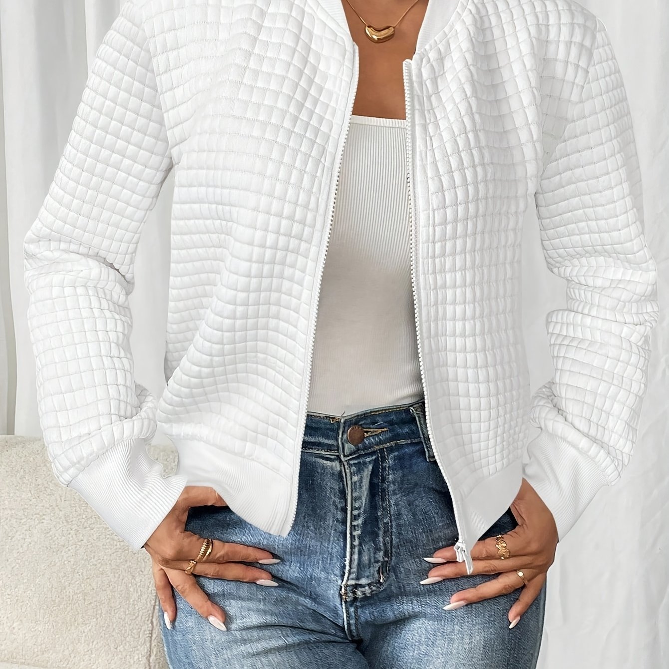 TEMU Women's Fall Winter Solid Color Long Sleeve Lapel Zip-up Casual Baseball Jacket