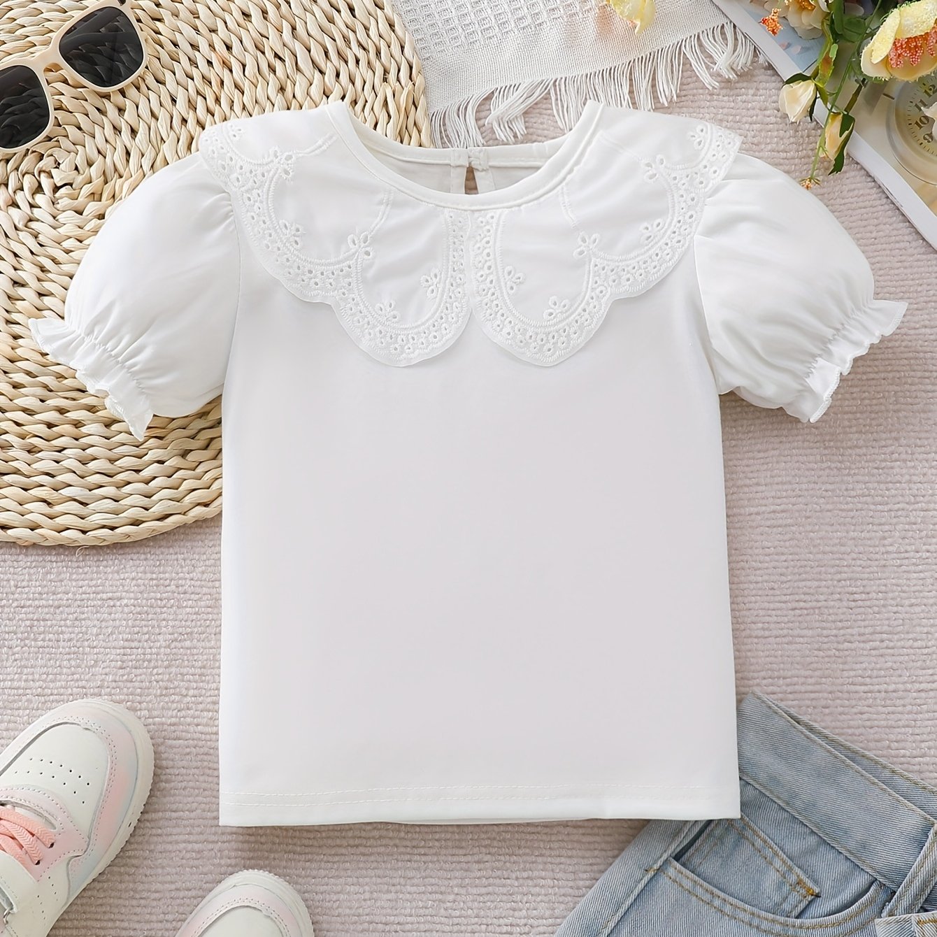 Image of Girls' Summer T-shirt 2025 New Stylish Fashionable Kids' Short Sleeve Clothing, Girls' Summer Puff Sleeve Top, 1pc