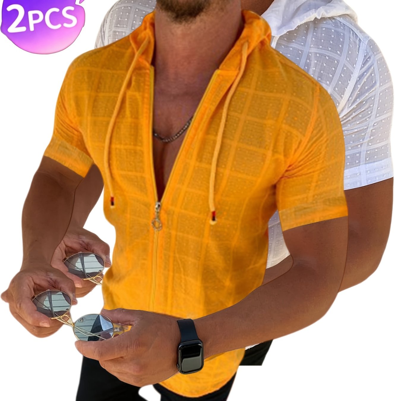 2pcs Set Summer Fashion Solid Color Textured Men's Zipper Short Sleeve Hoodie Casual Sports Beach Short Sleeve Hoodie