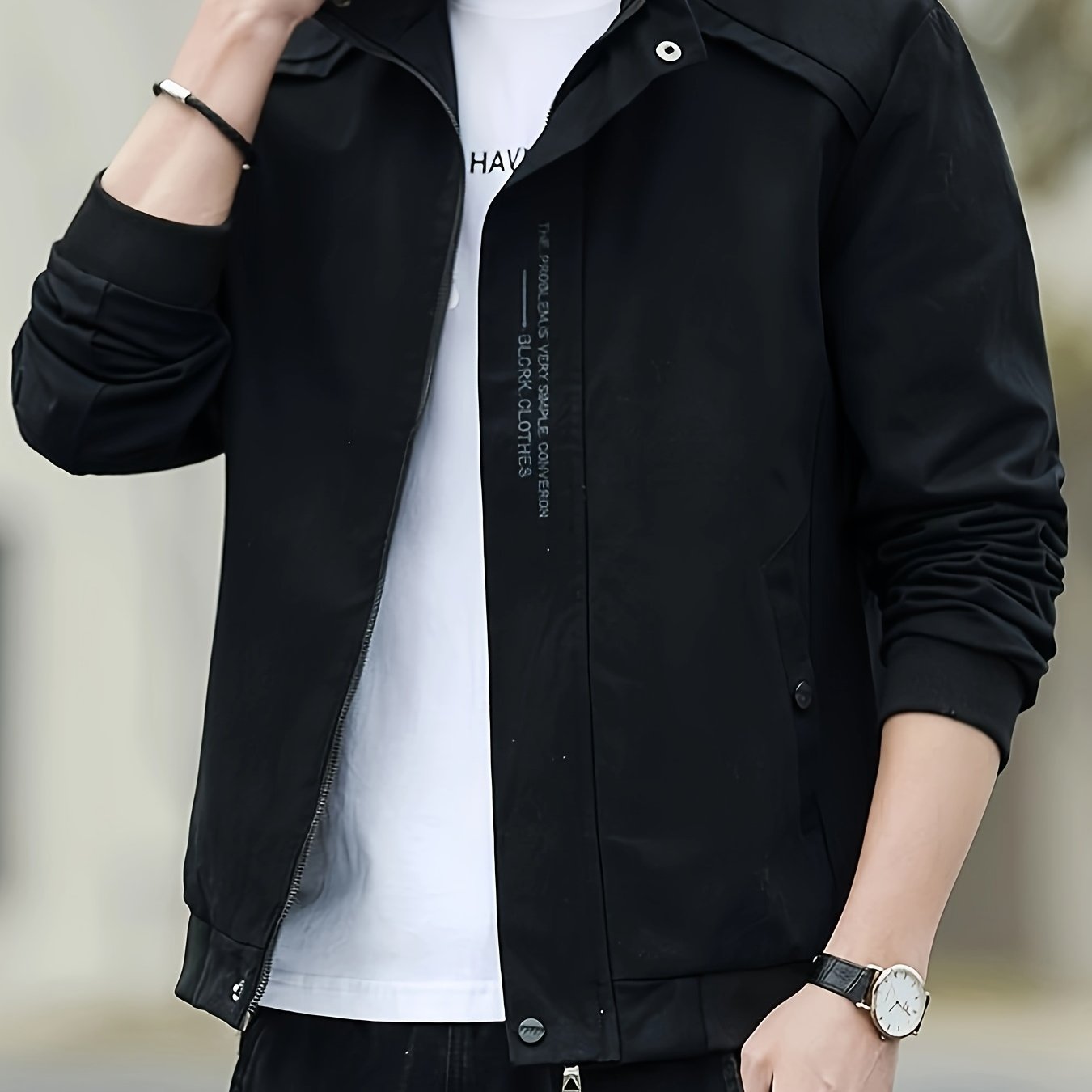 Image of Men's Jacket Made Of 100%, Suitable For Casual Wear In Autumn And Winter, Featuring A Stand Collar Cardigan Style, Lapel Design, And Embroidered Workwear Top