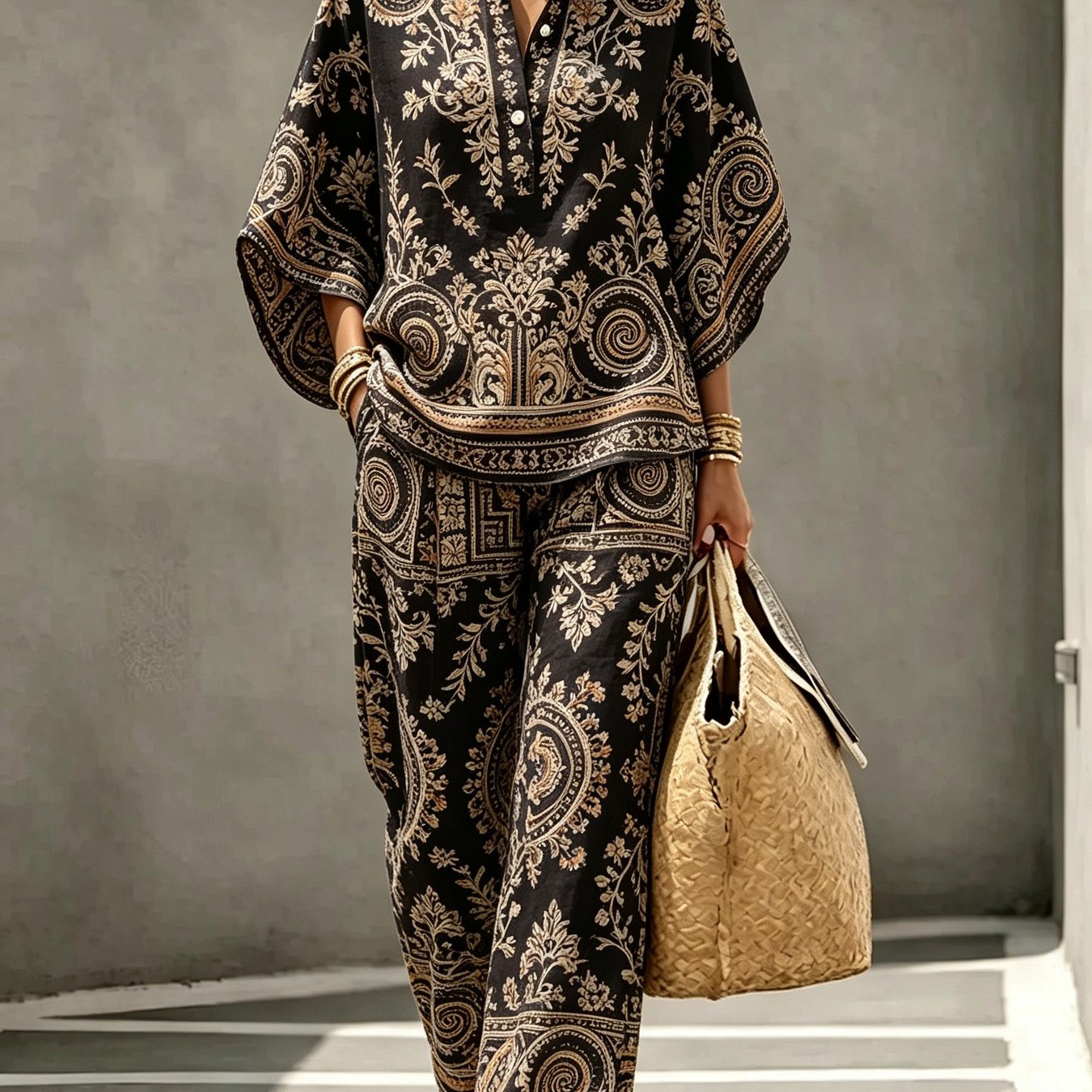 Image of Two-piece Set, Women's Stand-collar Three-quarter Sleeve Shirt With Casual Trousers, Geometric Art , Lightweight And Comfortable Summer Fabric, Suitable For Vacation, Leisure, Outdoor, And Other