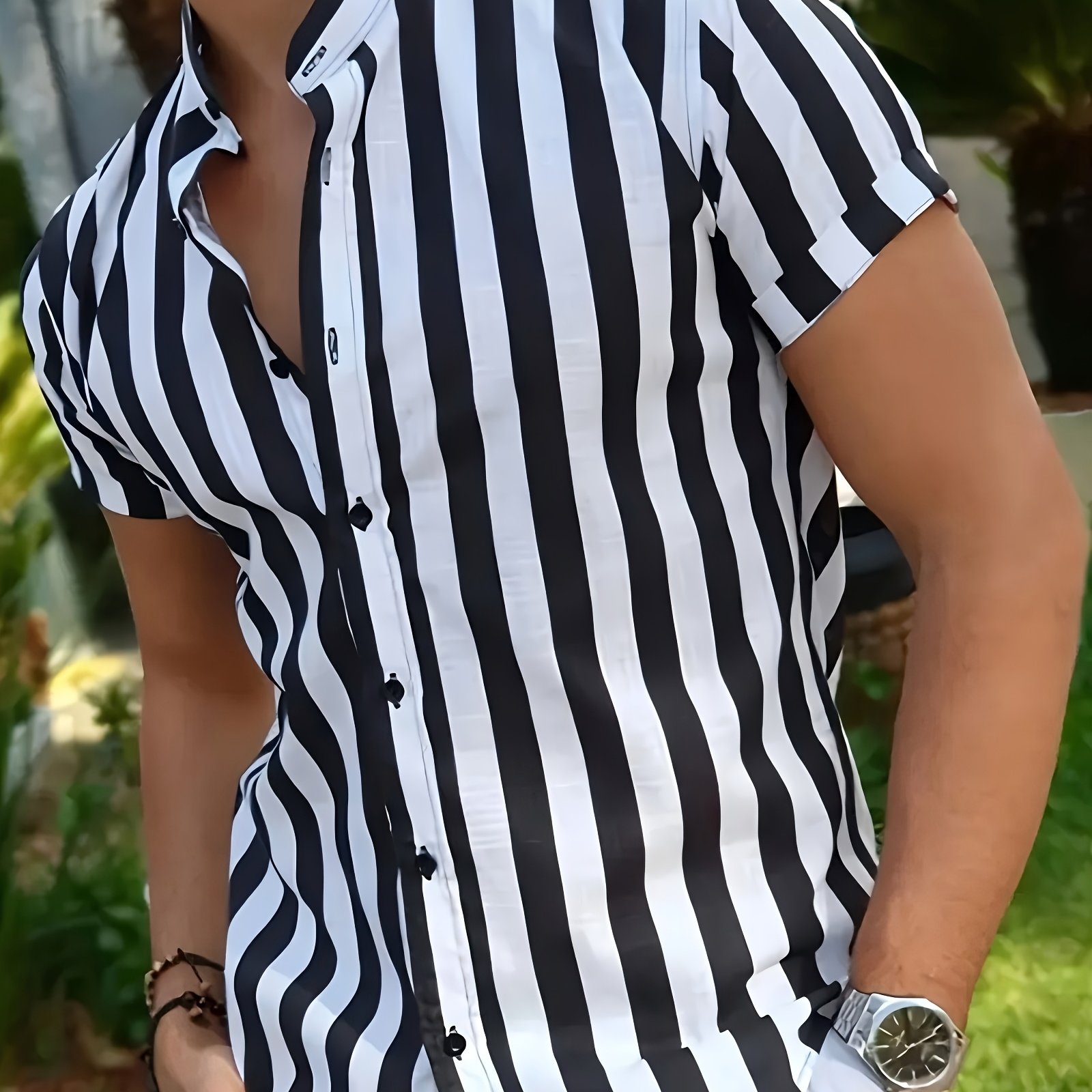 E-shop Kurzarm Herren Freizeit Hemd, Klassisches Gestreiftes Hawaii Hemd Herren Henry Hemd Sommer Herren Kurzarm Oberteil