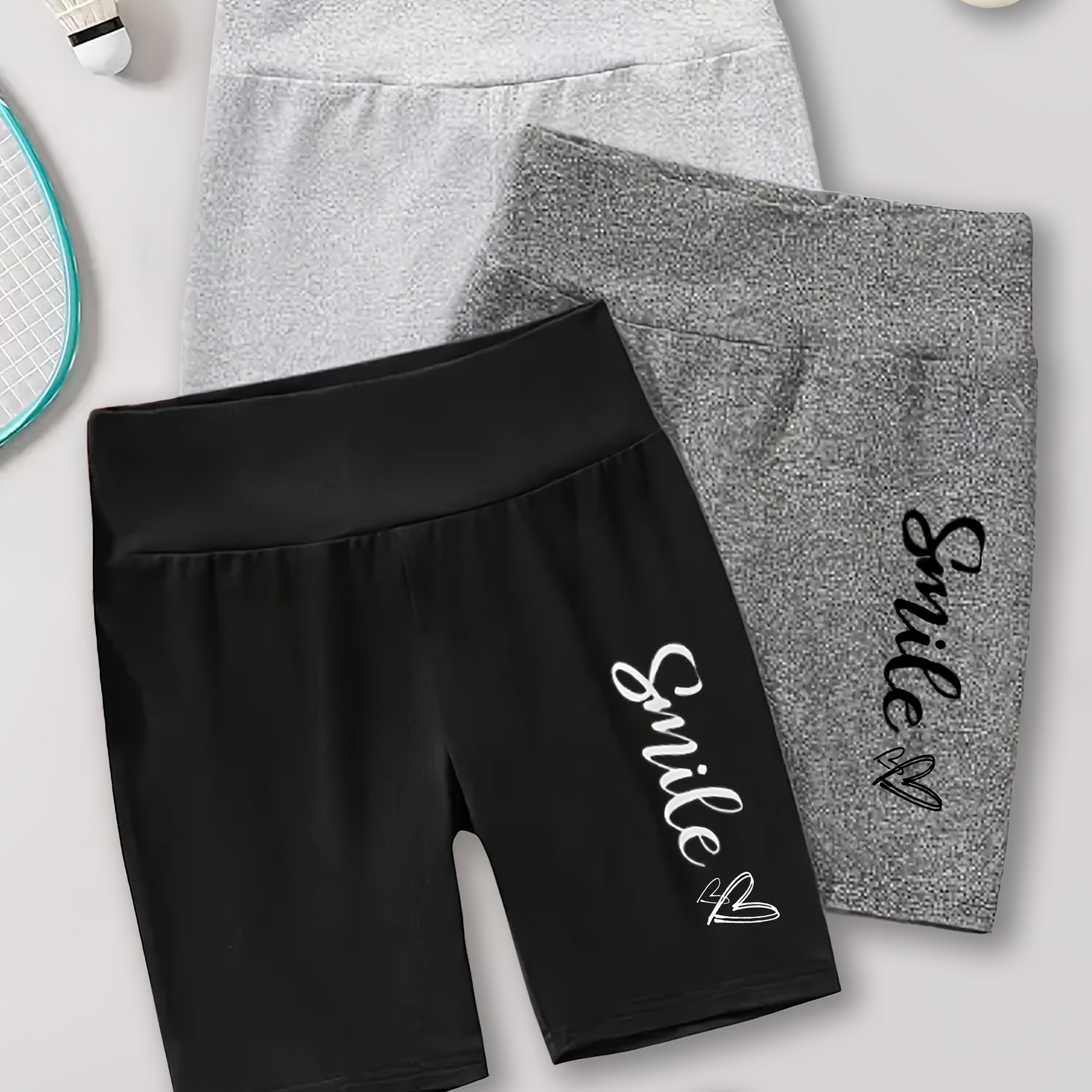 Image of 3-pc Of Girls' Big Kids' Elastic High-waisted Sports Shorts, Fashionable Letter And Heart Print Pattern, Breathable And Comfortable Outdoor Pants, For Outdoor