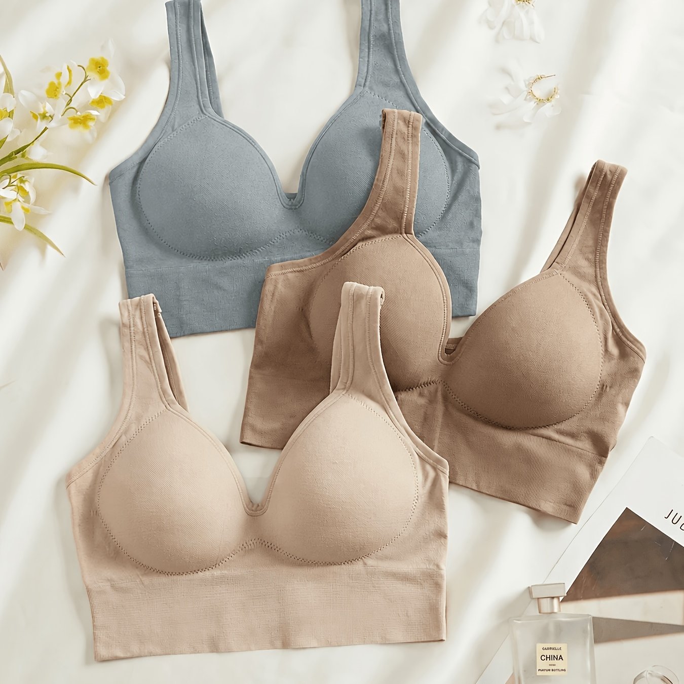 TEMU 3pcs Solid Color Women's Fixed Cup Easy And Elegant Seamless Bra, No Underwire, Wide Shoulder Pads, One-piece Cup, Bra, Sports Bra, Underwear