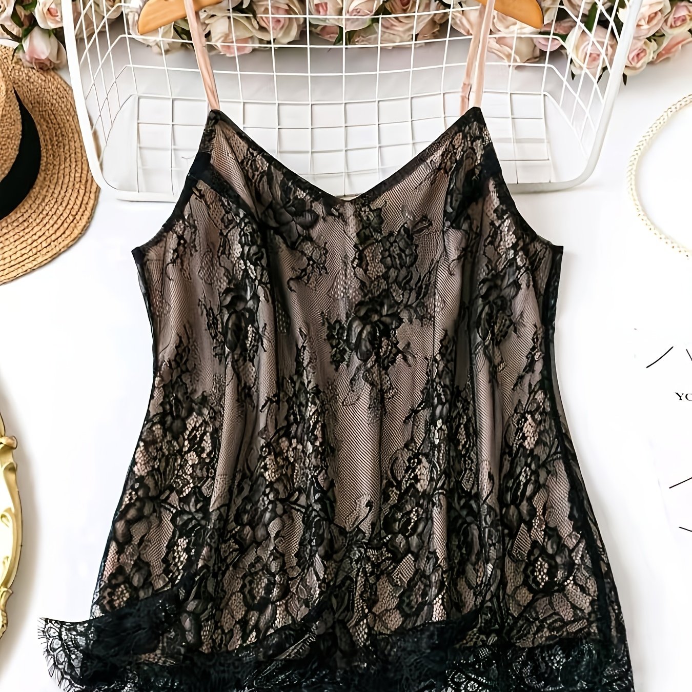 TEMU Plus Size, Plus Size Women's Clothing: Black Lace-trimmed Camisole With Pure Desire Aesthetic, Loose-fitting Sleeveless Top With Lace Details