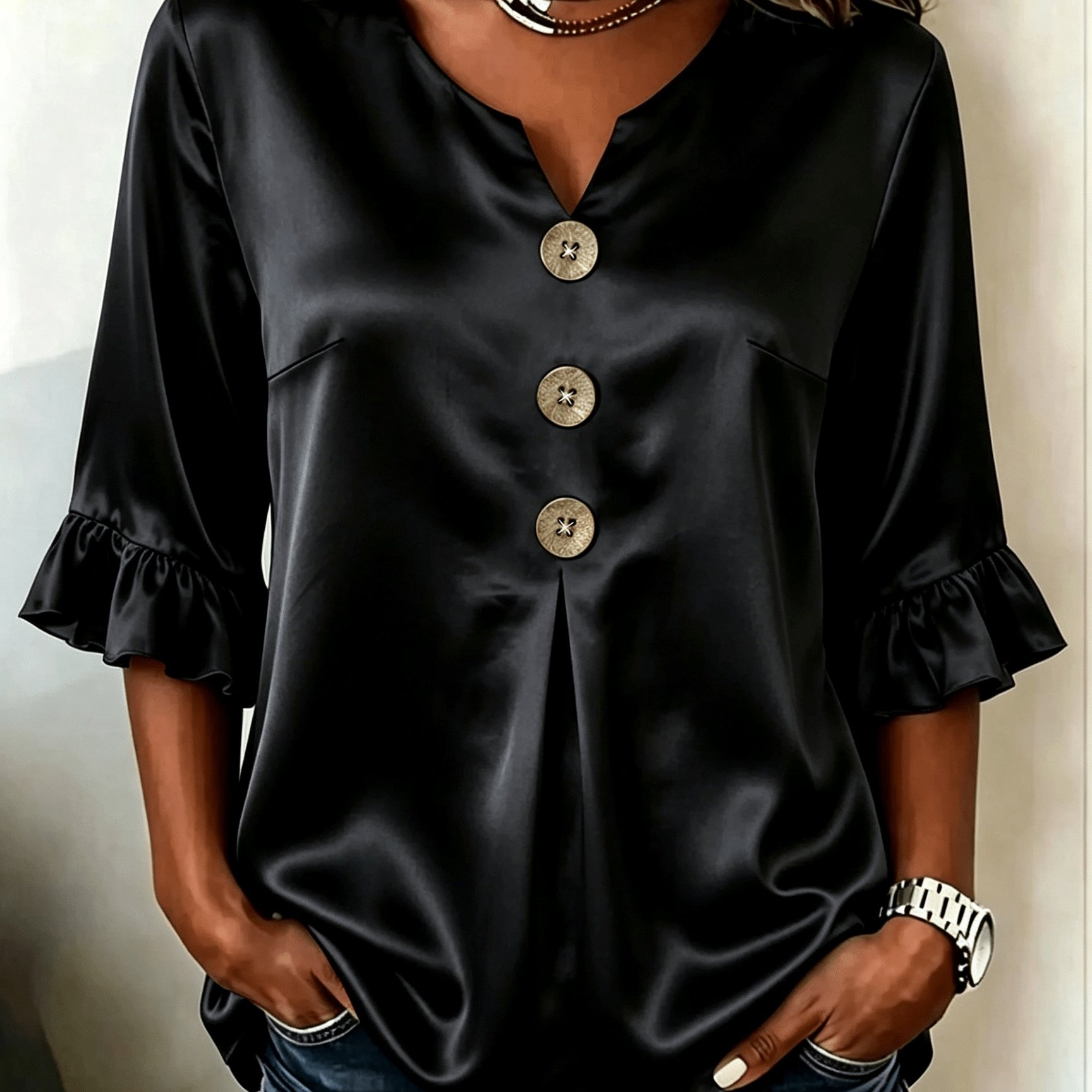 TEMU Plus Size, Women's Satin Autumn And Winter Plus Size Casual V-neck Three-button Ruffle Sleeve Commuting Versatile Top, Loose Fit Casual Shirt In