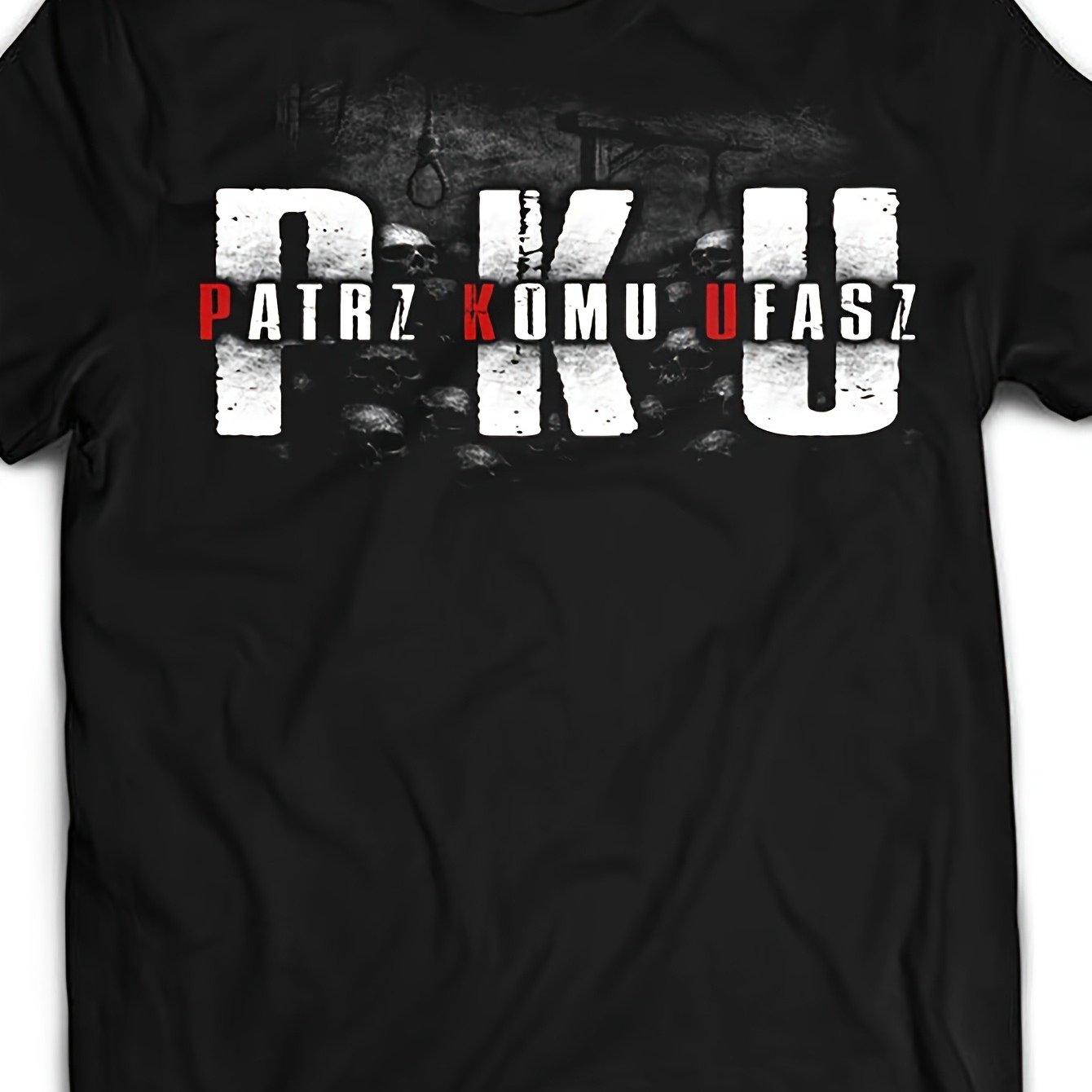 Image of Xxl Pku Skull T-shirt With Watch Who You Away Setup Print - Casual Round Neck Streetwear Top, Pku Abbreviation & Warning Slogan, Machine Washable For Wear (' Fashion)